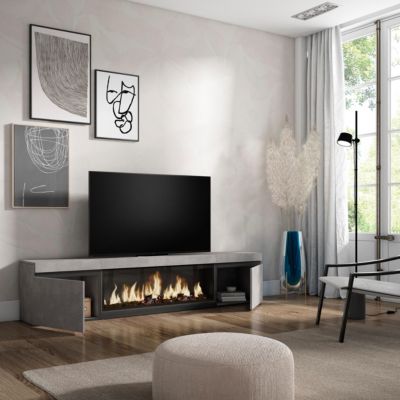 Meuble TV 210x35x45cm feu led sans chaleur XXL couleur gris ciment