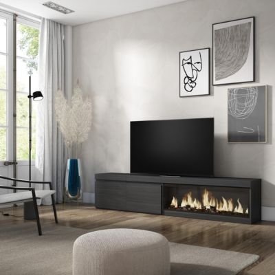 Meuble TV 210x35x45cm feu led sans chaleur XXL couleur noir