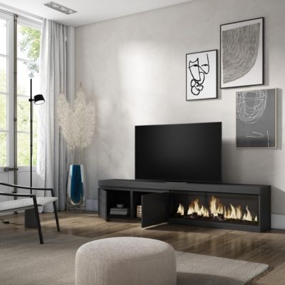 Meuble TV 210x35x45cm feu led sans chaleur XXL couleur noir