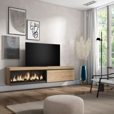 Meuble TV 210x35x45cm feu led sans chaleur XXL mural couleur chêne