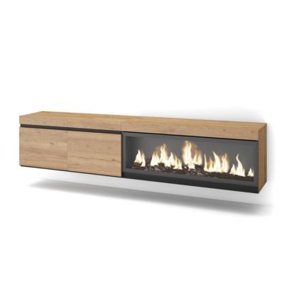 Meuble TV 210x35x45cm feu led sans chaleur XXL mural couleur chêne