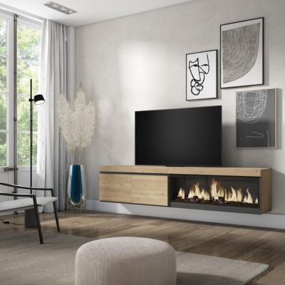 Meuble TV 210x35x45cm feu led sans chaleur XXL mural couleur chêne