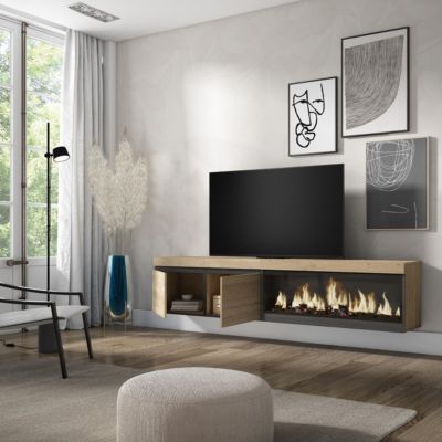 Meuble TV 210x35x45cm feu led sans chaleur XXL mural couleur chêne