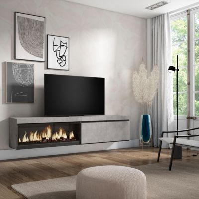 Meuble TV 210x35x45cm feu led sans chaleur XXL mural couleur ciment