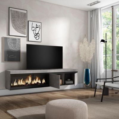 Meuble TV 210x35x45cm feu led sans chaleur XXL mural couleur ciment