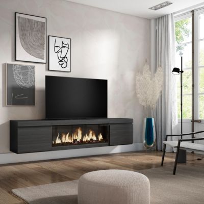 Meuble TV 210x35x45cm feu led sans chaleur XXL mural couleur noir