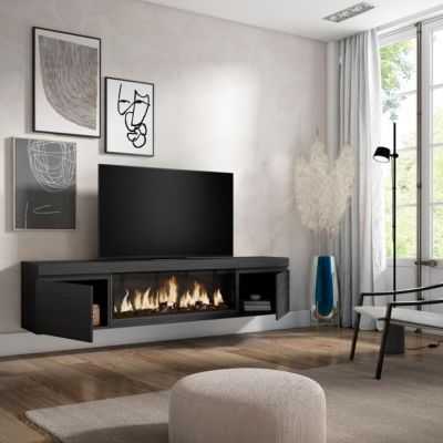 Meuble TV 210x35x45cm feu led sans chaleur XXL mural couleur noir