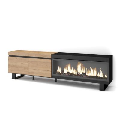 Meuble TV 210x35x57cm feu led sans chaleur XXL couleur chêne et noir