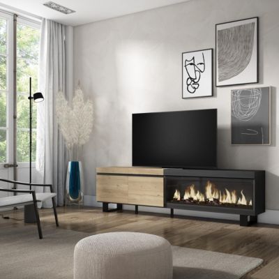 Meuble TV 210x35x57cm feu led sans chaleur XXL couleur chêne et noir