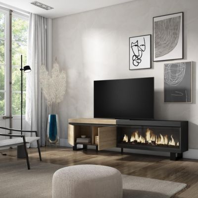 Meuble TV 210x35x57cm feu led sans chaleur XXL couleur chêne et noir