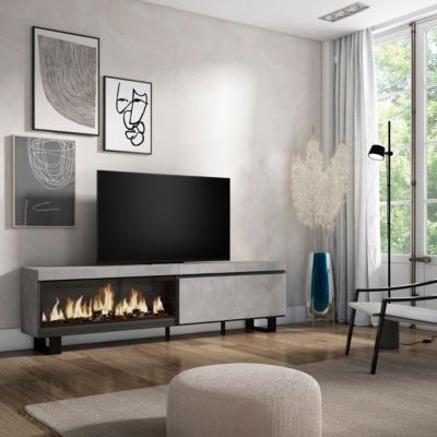 Meuble TV 210x35x57cm feu led sans chaleur XXL couleur gris ciment