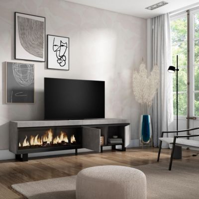 Meuble TV 210x35x57cm feu led sans chaleur XXL couleur gris ciment