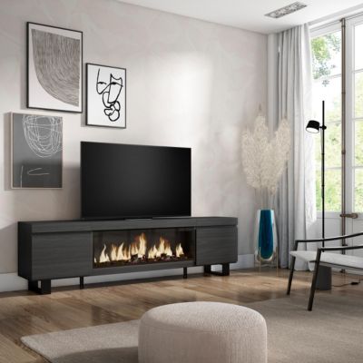 Meuble TV 210x35x57cm feu led sans chaleur XXL couleur noir