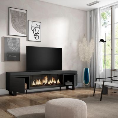 Meuble TV 210x35x57cm feu led sans chaleur XXL couleur noir