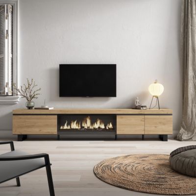 Meuble TV 288x35x57cm feu led sans chaleur XXL couleur chêne