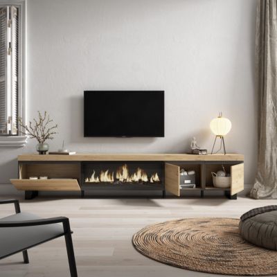 Meuble TV 288x35x57cm feu led sans chaleur XXL couleur chêne