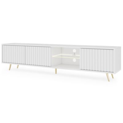 Meuble TV 3 portes blanc LED 175 cm pieds dorés BELLO