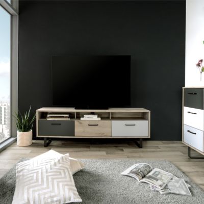 Meuble TV 3 portes gris et chêne 160 cm - Bari