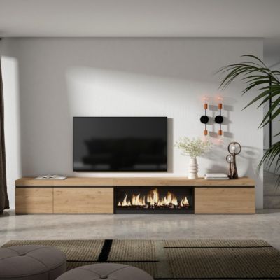 Meuble TV 317x45x35cm feu led sans chaleur XXL couleur chêne