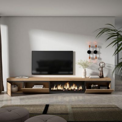 Meuble TV 317x45x35cm feu led sans chaleur XXL couleur chêne