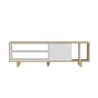 Meuble TV 4 niches et 1 porte décor chêne et blanc L160 cm - Rosmar