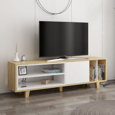 Meuble TV 4 niches et 1 porte décor chêne et blanc L160 cm - Rosmar