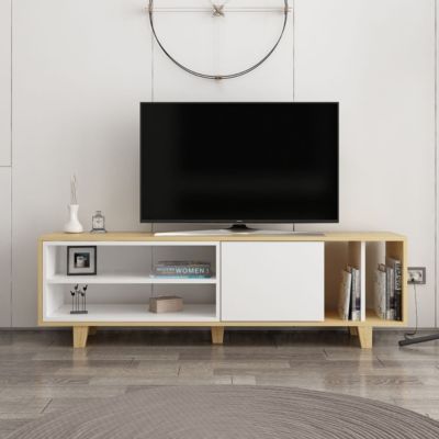 Meuble TV 4 niches et 1 porte décor chêne et blanc L160 cm - Rosmar
