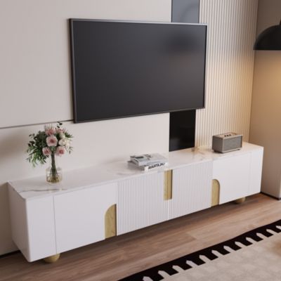 Meuble TV 4 Portes avec Rangement, Surface Effet Marbre et Pieds Sphériques, MDF et Panneaux de Particules, Blanc, 180x40x44 cm
