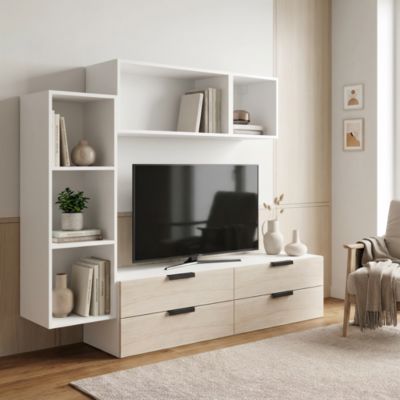 Meuble TV 4 tiroirs blanc et effet chêne GoodHome Atomia H. 150 x L. 225 x P. 37 cm
