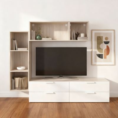 Meuble TV 4 tiroirs effet chêne et blanc GoodHome Atomia H. 150 x L. 225 x P. 37 cm