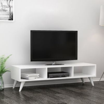 Meuble TV Aaskov à 3 compartiments de stockage 35 x 120 x 35 cm blanc en.casa