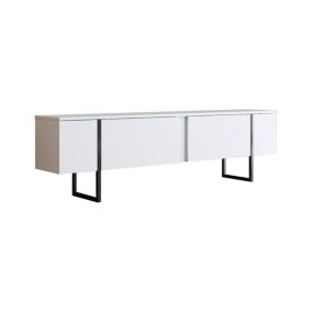 Meuble TV Abishia, Buffet de salon, Armoire basse pour TV, Base murale de rangement, 180x30h50 cm, Blanc et Noir