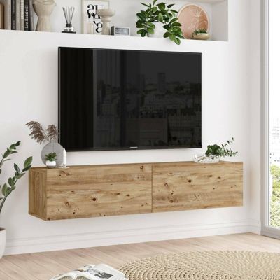 Meuble TV Aelius, Buffet de salon, Armoire basse pour TV, Base murale de rangement, 140x32h29 cm, Chêne