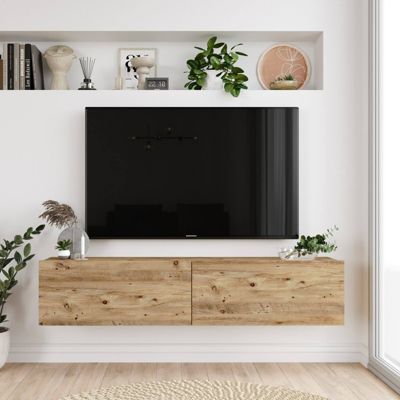 Meuble TV Aelius, Buffet de salon, Armoire basse pour TV, Base murale de rangement, 140x32h29 cm, Chêne
