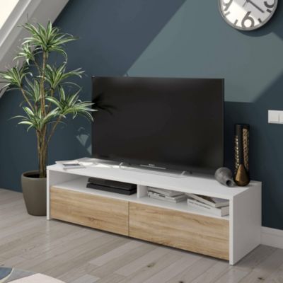 Meuble TV Ahuri, Meuble TV, Buffet de salon bas moderne, Buffet télévision de salon avec 2 portes, 130x40h36 cm, Blanc brillant