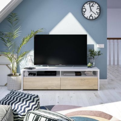 Meuble TV Ahuri, Meuble TV, Buffet de salon bas moderne, Buffet télévision de salon avec 2 portes, 130x40h36 cm, Blanc brillant