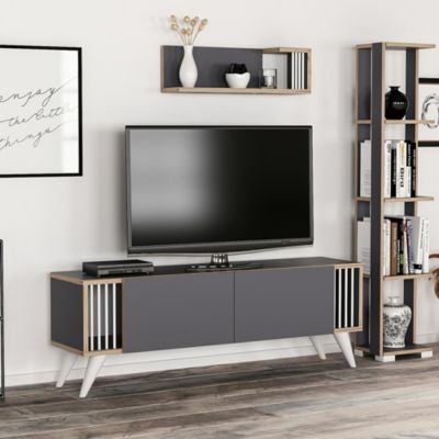 Meuble TV Albertslund à 2 portes avec étagère murale anthracite / effet bois en.casa