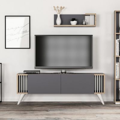 Meuble TV Albertslund à 2 portes avec étagère murale anthracite / effet bois en.casa