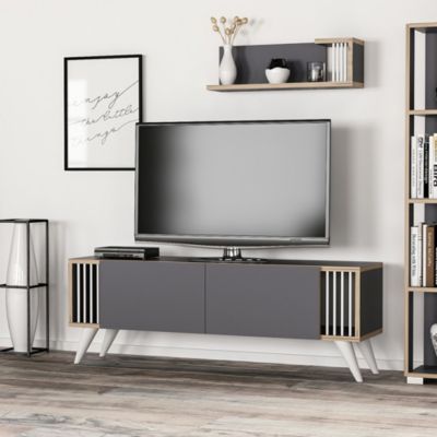 Meuble TV Albertslund à 2 portes avec étagère murale anthracite / effet bois en.casa
