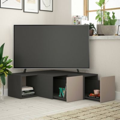 Meuble TV Alya, Buffet de salon, Armoire basse pour TV, Base murale de rangement, 90x92h32 cm, Anthracite et Beige