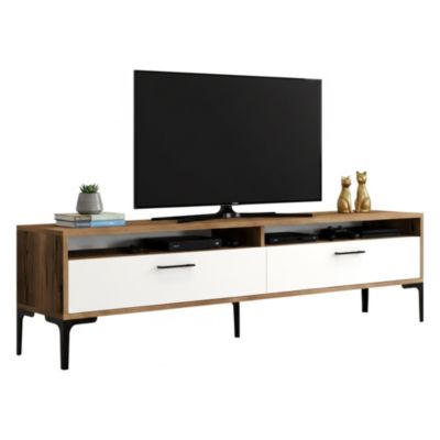 Meuble TV Angiari, Buffet de salon, Armoire basse pour TV, Base murale de rangement, 47x35h180 cm, Noyer et Blanc