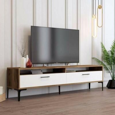 Meuble TV Angiari, Buffet de salon, Armoire basse pour TV, Base murale de rangement, 47x35h180 cm, Noyer et Blanc