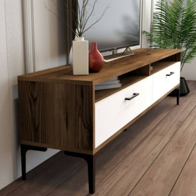 Meuble TV Angiari, Buffet de salon, Armoire basse pour TV, Base murale de rangement, 47x35h180 cm, Noyer et Blanc