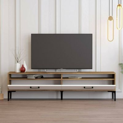 Meuble TV Angiari, Buffet de salon, Armoire basse pour TV, Base murale de rangement, 47x35h180 cm, Noyer et Blanc