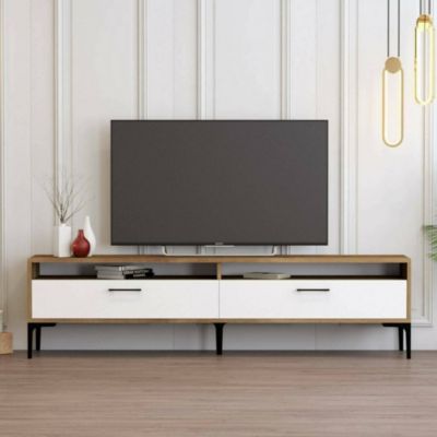 Meuble TV Angiari, Buffet de salon, Armoire basse pour TV, Base murale de rangement, 47x35h180 cm, Noyer et Blanc