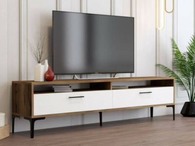 Meuble TV Angiari, Buffet de salon, Armoire basse pour TV, Base murale de rangement, 47x35h180 cm, Noyer et Blanc