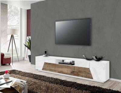 Meuble TV Animai, Buffet bas de salon, Base pour meuble TV, 100% Made in Italy, 220x43h46 cm, Blanc brillant et érable