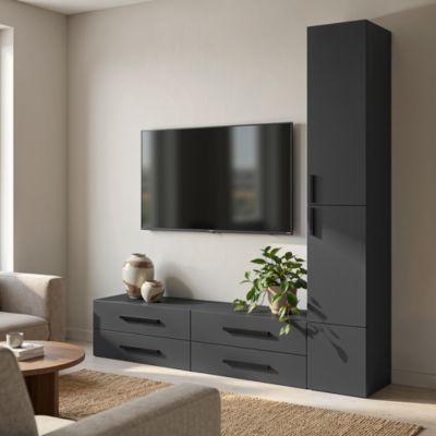 Meuble TV anthracite avec 4 tiroirs et 3 portes GoodHome Atomia H. 225 x L. 187,5 x P. 35 cm