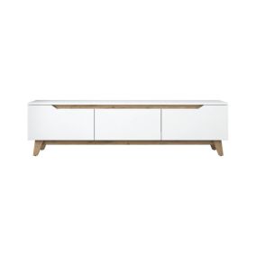Meuble TV Apatite, Buffet de salon, Armoire basse pour TV, Base murale de rangement, 180x35h49 cm, Blanc et Noyer