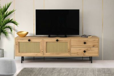 Meuble TV Apollinare, Buffet de salon, Armoire basse pour TV, Base murale de rangement, 180x40h60 cm, Chêne et Noir